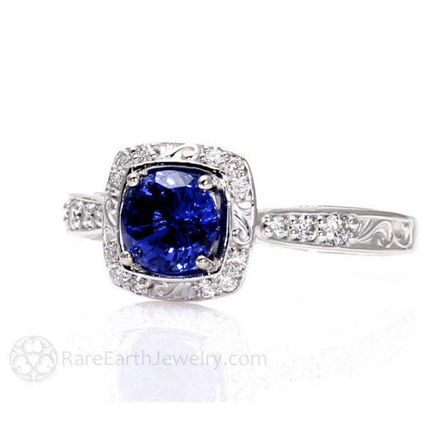 Art Deco Style Blue Sapphire Engagement Ring with Diamond Halo 18K White Gold - Rare Earth Jewelry