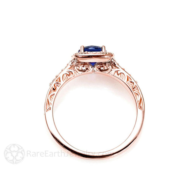 Art Deco Style Blue Sapphire Engagement Ring with Diamond Halo 14K Rose Gold - Rare Earth Jewelry