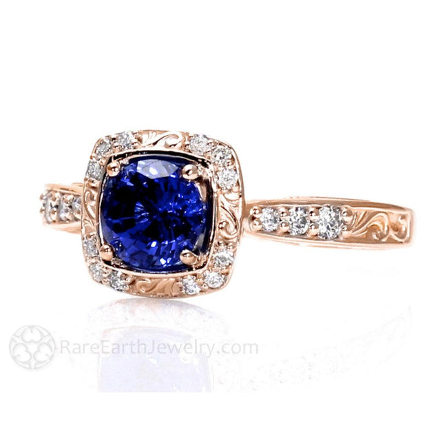 Art Deco Style Blue Sapphire Engagement Ring with Diamond Halo 18K Rose Gold - Rare Earth Jewelry
