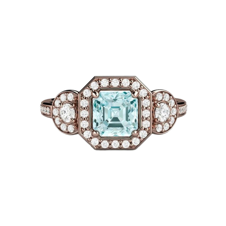 14K Rose Gold Aquamarine Ring, Three Stone Style with Diamond Halo