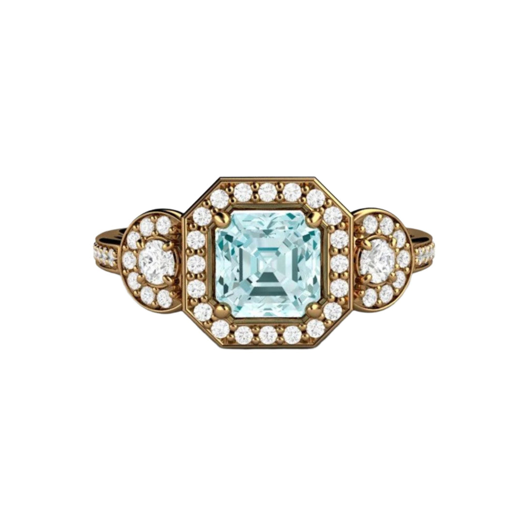 Natural Aquamarine Engagement Ring 3 Stone Asscher Cut with Diamonds in 18K Yellow Gold