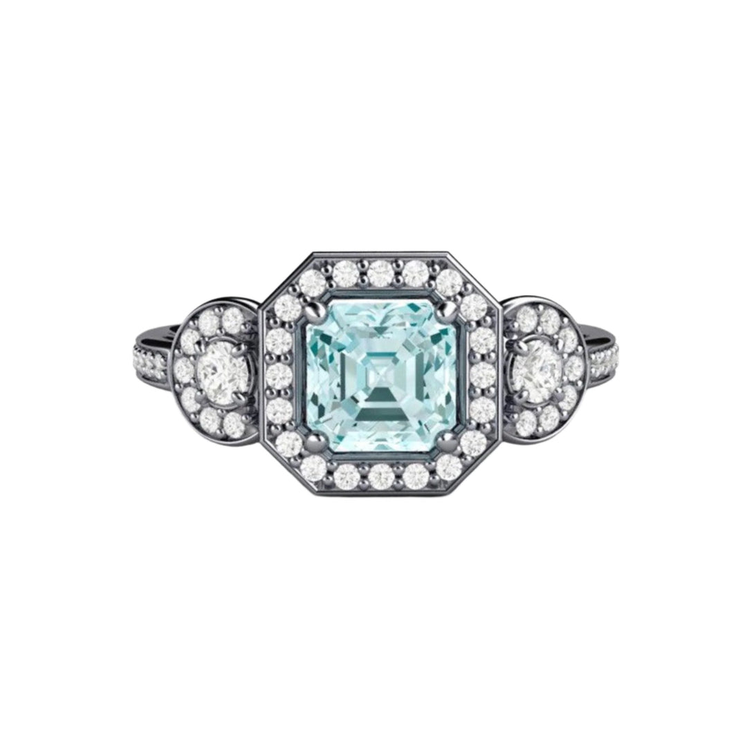 Asscher Aquamarine Engagement Ring 3 Stone Diamond Halo in Platinum