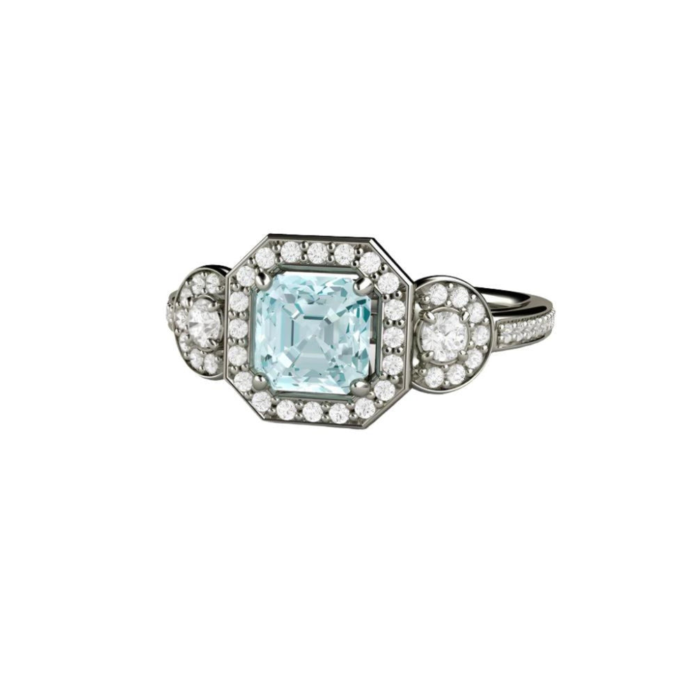 Asscher Aquamarine Engagement Ring Three Stone Diamond Halo - Rare Earth Jewelry