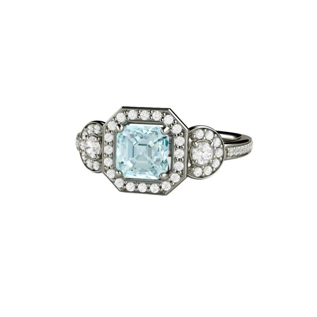 Asscher Cut Aquamarine Engagement Ring 3 Stone Style Diamond Halo