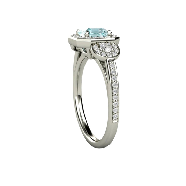 Asscher Cut Aquamarine Engagement Ring 3 Stone Diamond Halo - Side View