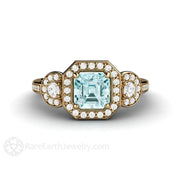 Asscher Aquamarine Engagement Ring 3 Stone Diamond Halo 14K Yellow Gold - Rare Earth Jewelry