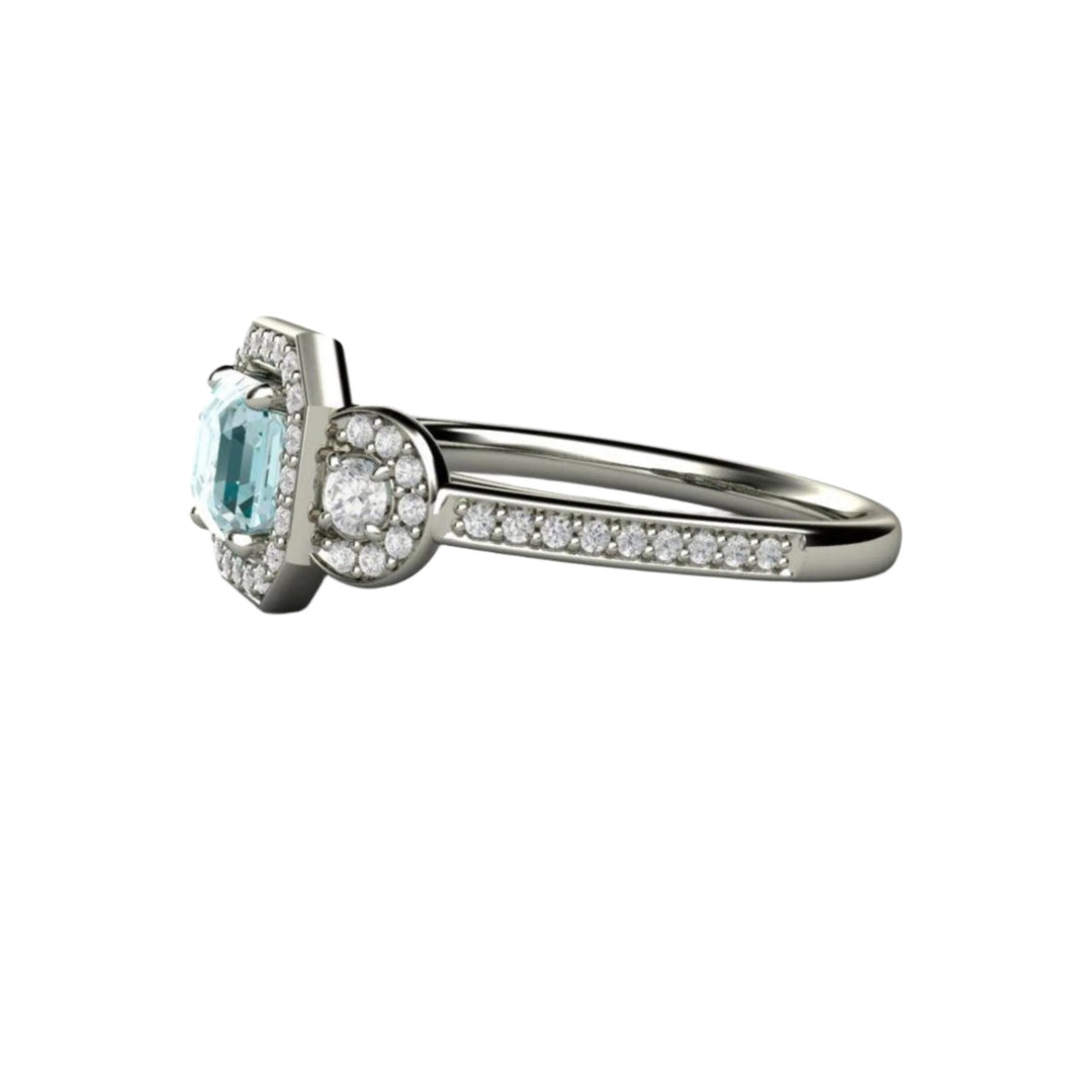 Asscher Cut Aquamarine Engagement Ring 3 Stone Design with Diamond Accents