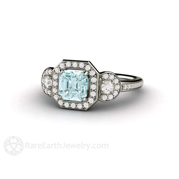 Asscher Aquamarine Engagement Ring 3 Stone Diamond Halo - Rare Earth Jewelry