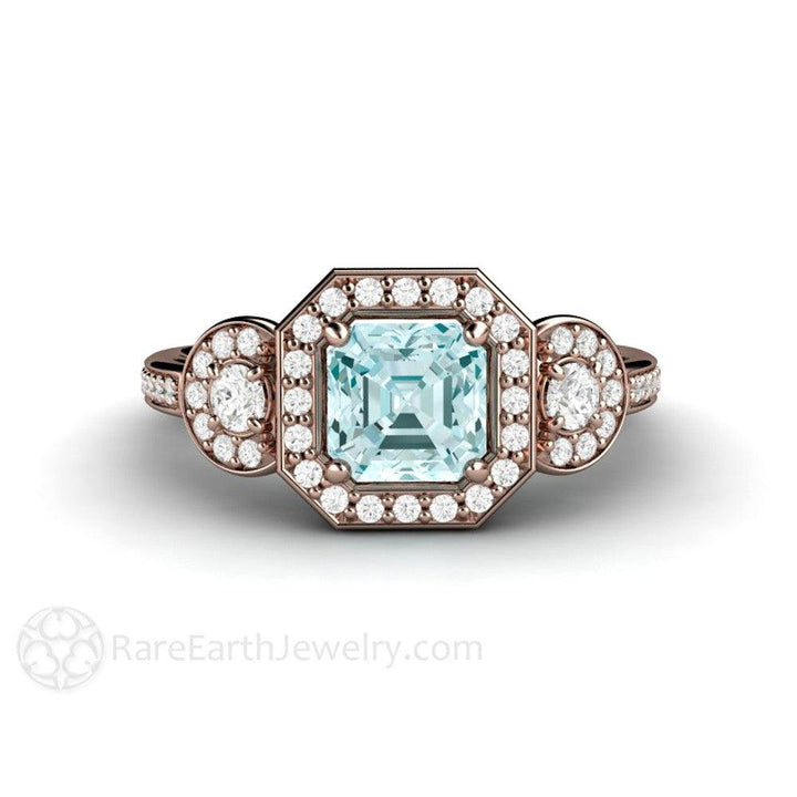 Asscher Aquamarine Engagement Ring 3 Stone Diamond Halo - Rare Earth Jewelry