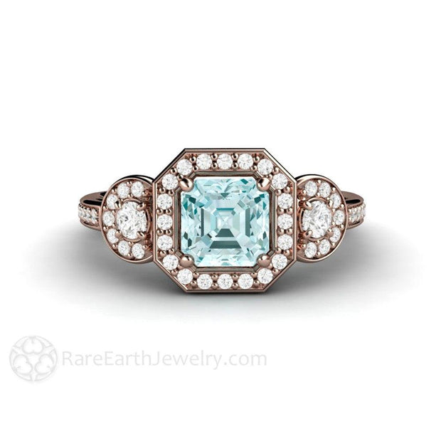 Asscher Aquamarine Engagement Ring 3 Stone Diamond Halo 14K Rose Gold - Rare Earth Jewelry