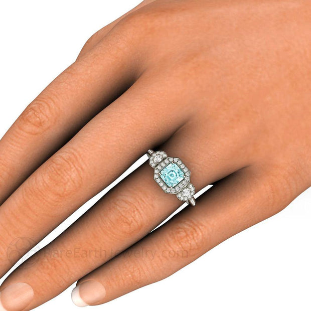 Asscher Aquamarine Engagement Ring 3 Stone Diamond Halo 18K White Gold - Rare Earth Jewelry