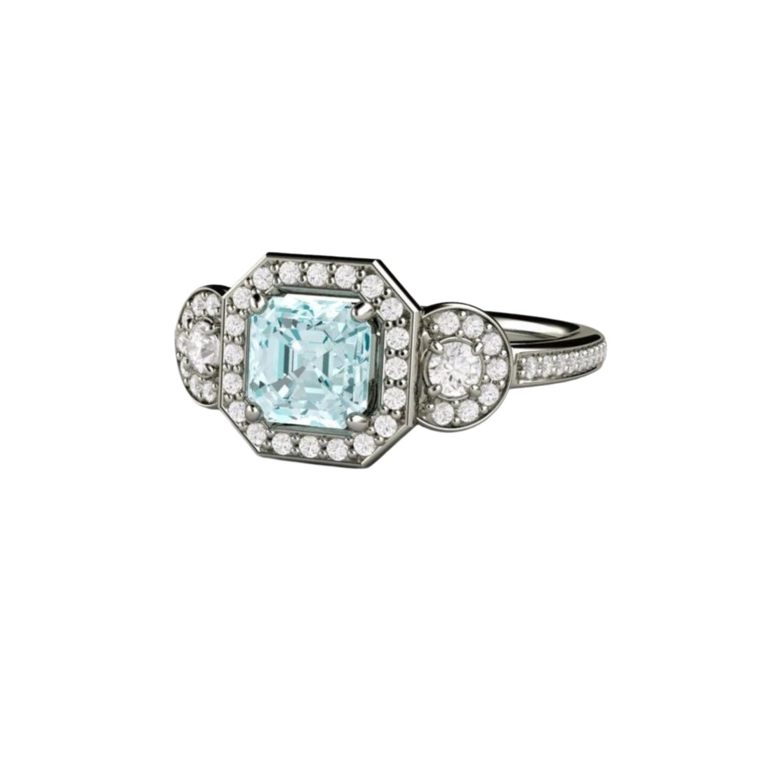 Aquamarine Asscher Cut Engagement Ring Three Stone Style Pave Diamonds