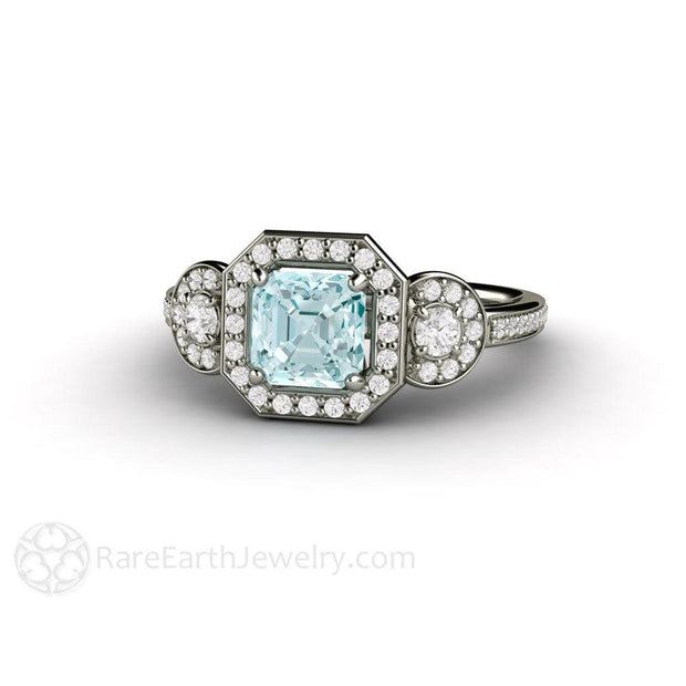 Asscher Aquamarine Engagement Ring 3 Stone Diamond Halo 18K White Gold - Rare Earth Jewelry
