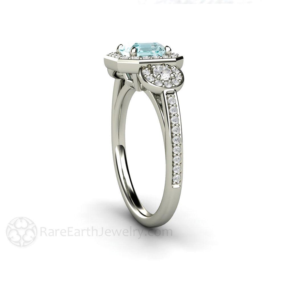 Asscher Aquamarine Engagement Ring 3 Stone Diamond Halo - Rare Earth Jewelry