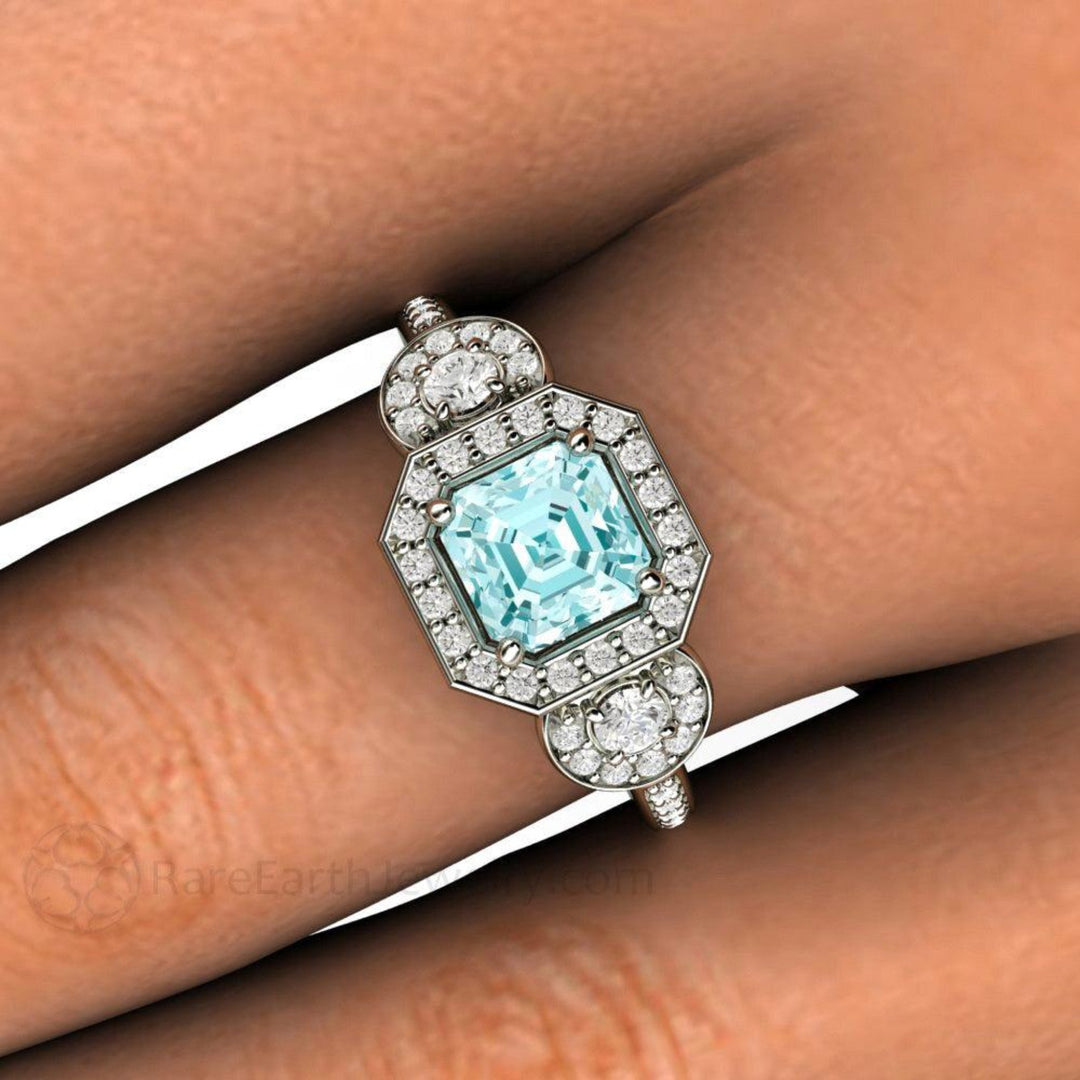 Asscher Cut Aquamarine Engagement Ring 3 Stone Diamond Halo Close Up