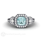Asscher Aquamarine Engagement Ring 3 Stone Diamond Halo Platinum - Rare Earth Jewelry