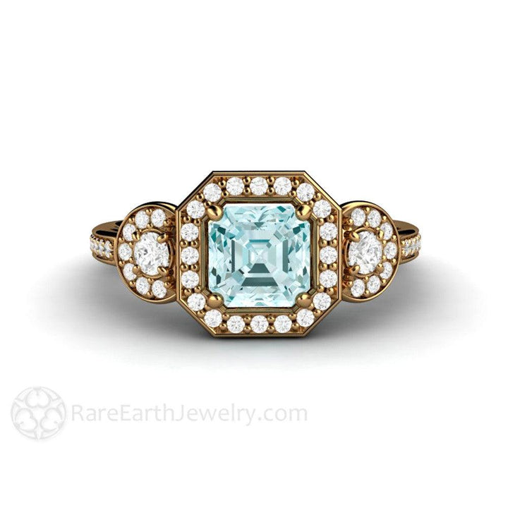 Asscher Aquamarine Engagement Ring 3 Stone Diamond Halo - Rare Earth Jewelry