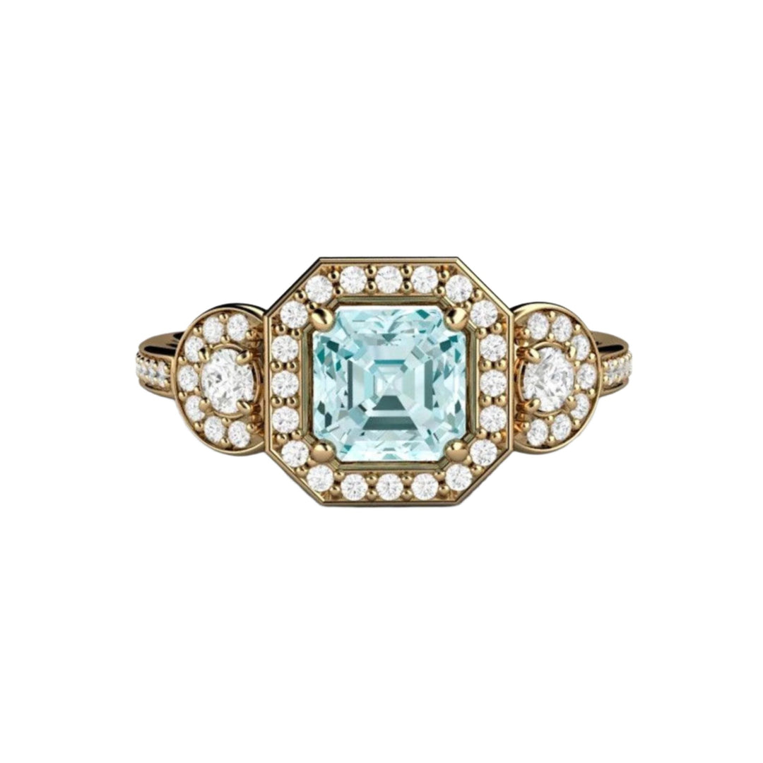 Natural Aquamarine and Diamond Engagement Ring 3 Stone Asscher Cut - 18K Yellow Gold