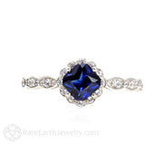 Asscher Blue Sapphire Engagement Ring with Diamond Halo Vintage Style 18K White Gold - Rare Earth Jewelry