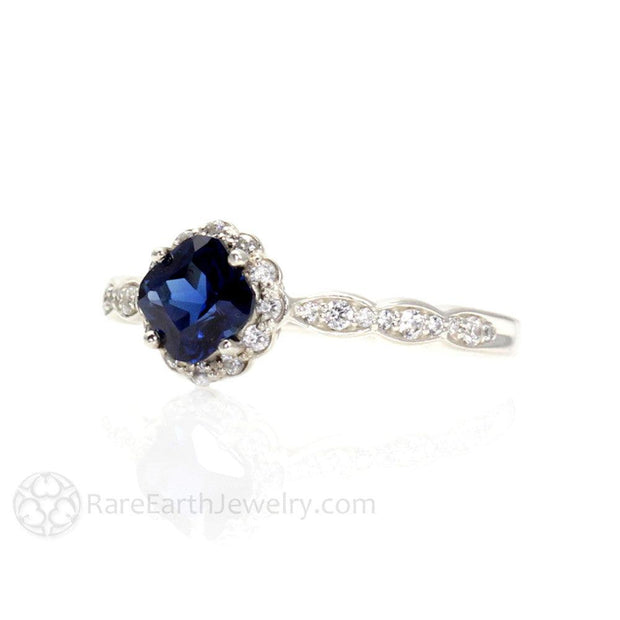Asscher Blue Sapphire Engagement Ring with Diamond Halo Vintage Style Platinum - Rare Earth Jewelry