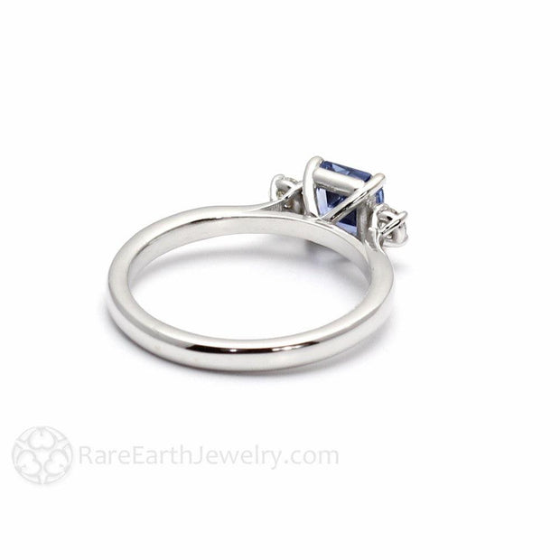 Asscher Blue Sapphire Ring Ceylon Sapphire 3 Stone Engagement with Diamonds 18K White Gold - Rare Earth Jewelry