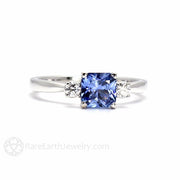 Asscher Blue Sapphire Ring Ceylon Sapphire 3 Stone Engagement with Diamonds Platinum - Rare Earth Jewelry