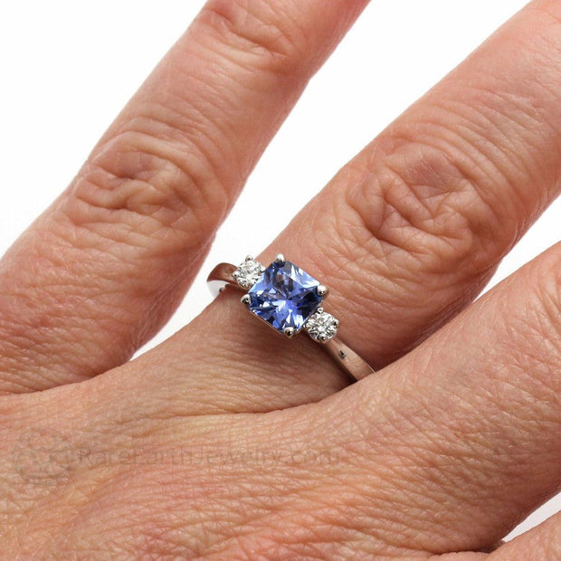 Asscher Blue Sapphire Ring Ceylon Sapphire 3 Stone Engagement with Diamonds 18K White Gold - Rare Earth Jewelry
