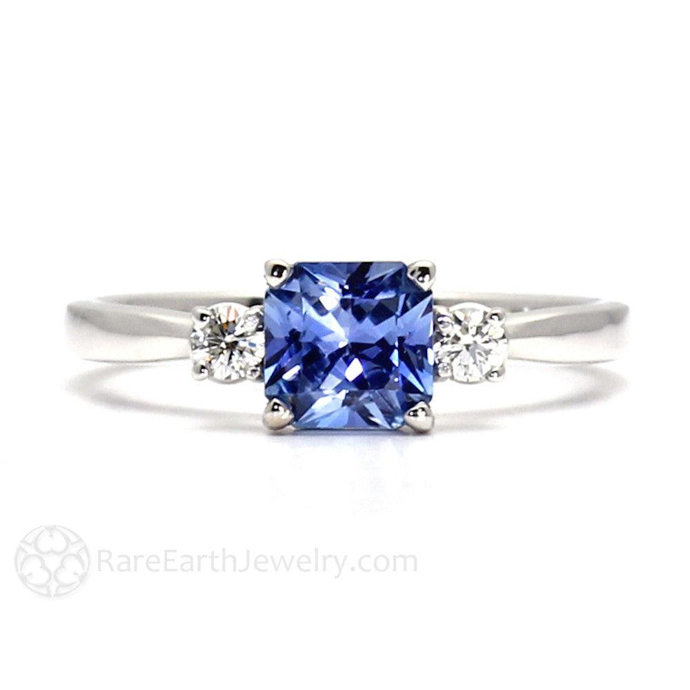 Asscher Blue Sapphire Ring Ceylon Sapphire 3 Stone Engagement with Diamonds - Rare Earth Jewelry