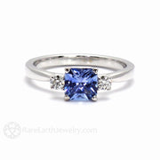 Asscher Blue Sapphire Ring Ceylon Sapphire 3 Stone Engagement with Diamonds Platinum - Rare Earth Jewelry
