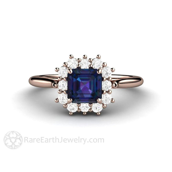 Asscher Cut Alexandrite Engagement Ring Diamond Halo June Birthstone - Rare Earth Jewelry