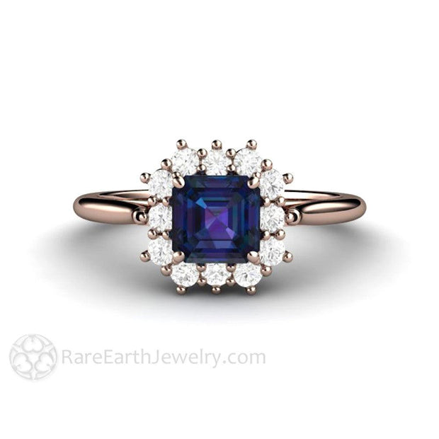 Asscher Cut Alexandrite Engagement Ring Diamond Halo June Birthstone 14K Rose Gold - Rare Earth Jewelry