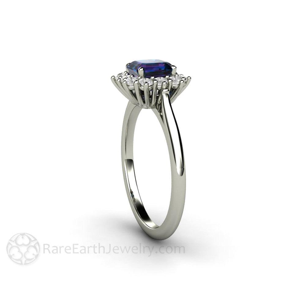 Asscher Cut Alexandrite Engagement Ring Diamond Halo June Birthstone - Rare Earth Jewelry