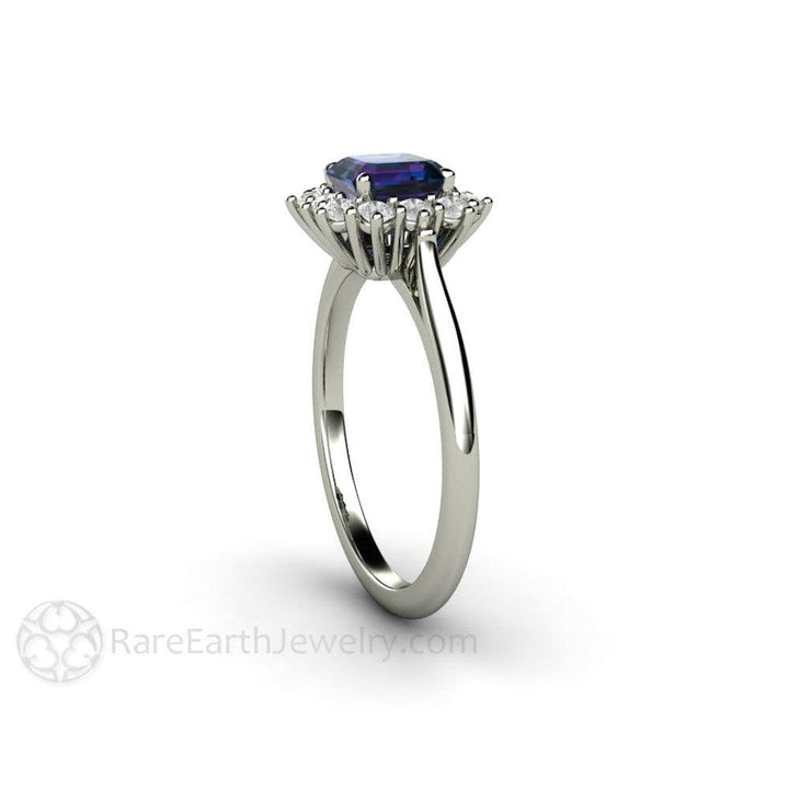 Asscher Cut Alexandrite Engagement Ring Diamond Halo June Birthstone - Rare Earth Jewelry