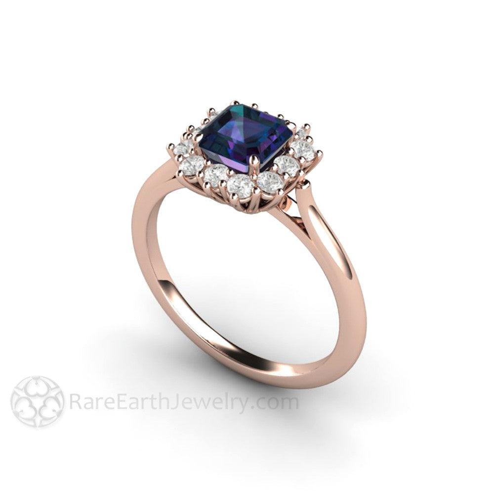 Asscher Cut Alexandrite Engagement Ring Diamond Halo June Birthstone - Rare Earth Jewelry