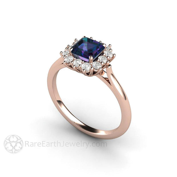Asscher Cut Alexandrite Engagement Ring Diamond Halo June Birthstone - 18K Rose Gold - Alexandrite - Asscher - Blue - Rare Earth Jewelry