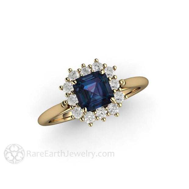 Asscher Cut Alexandrite Engagement Ring Diamond Halo June Birthstone - 14K Yellow Gold - Alexandrite - Asscher - Blue - Rare Earth Jewelry