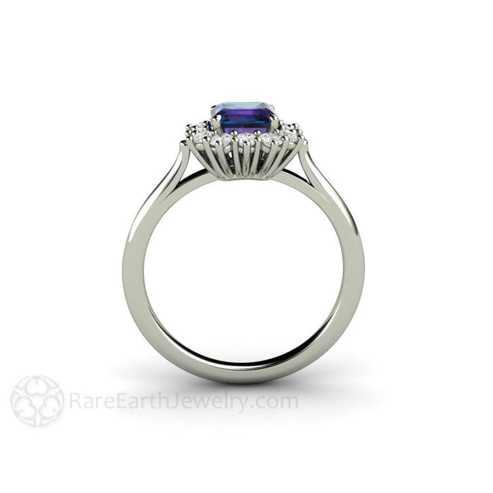 Asscher Cut Alexandrite Engagement Ring Diamond Halo June Birthstone - Rare Earth Jewelry