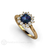 Asscher Cut Alexandrite Engagement Ring Diamond Halo June Birthstone 18K Yellow Gold - Rare Earth Jewelry