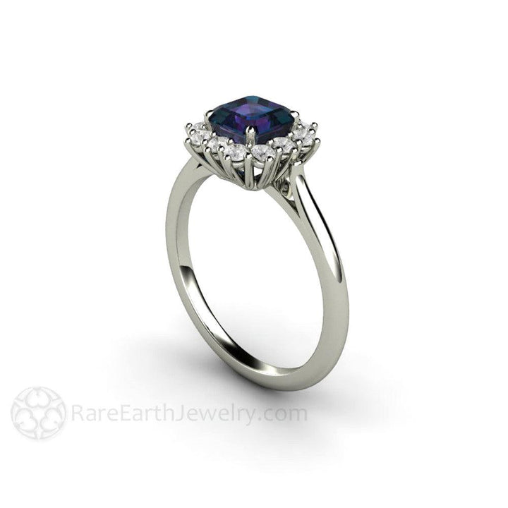 Asscher Cut Alexandrite Engagement Ring Diamond Halo June Birthstone - Rare Earth Jewelry