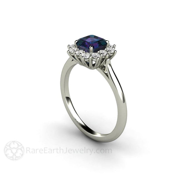 Asscher Cut Alexandrite Engagement Ring Diamond Halo June Birthstone 18K White Gold - Rare Earth Jewelry