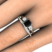 Asscher Cut Black Diamond Engagement Ring Three Stone 14K White Gold - Wedding Set with Diamond Band - Rare Earth Jewelry