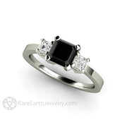 Asscher Cut Black Diamond Engagement Ring Three Stone 14K White Gold - Engagement Only - Rare Earth Jewelry