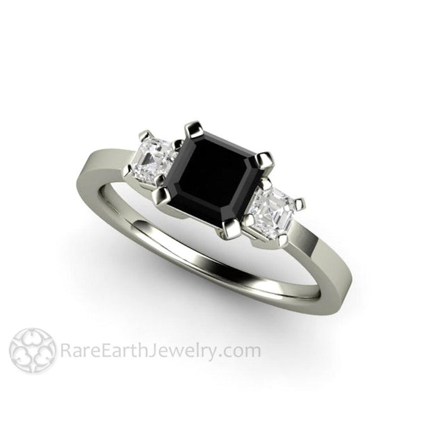 Asscher Cut Black Diamond Engagement Ring Three Stone 14K White Gold - Engagement Only - Rare Earth Jewelry