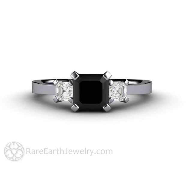 Asscher Cut Black Diamond Engagement Ring Three Stone Platinum - Engagement Only - Rare Earth Jewelry