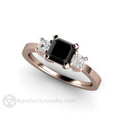 Asscher Cut Black Diamond Engagement Ring Three Stone 14K Rose Gold - Engagement Only - Rare Earth Jewelry