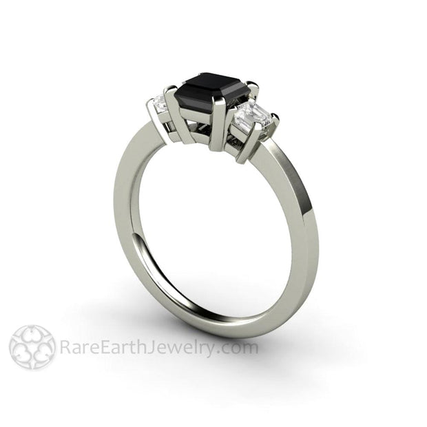 Asscher Cut Black Diamond Engagement Ring Three Stone 18K White Gold - Engagement Only - Rare Earth Jewelry
