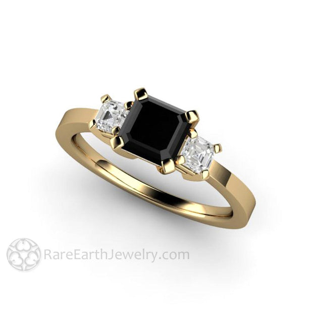 Asscher Cut Black Diamond Engagement Ring Three Stone 14K Yellow Gold - Engagement Only - Rare Earth Jewelry