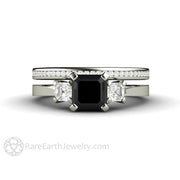 Asscher Cut Black Diamond Engagement Ring Three Stone 14K White Gold - Wedding Set with Diamond Band - Rare Earth Jewelry