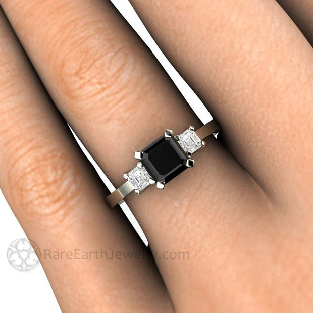 Asscher Cut Black Diamond Engagement Ring Three Stone 18K White Gold - Engagement Only - Rare Earth Jewelry