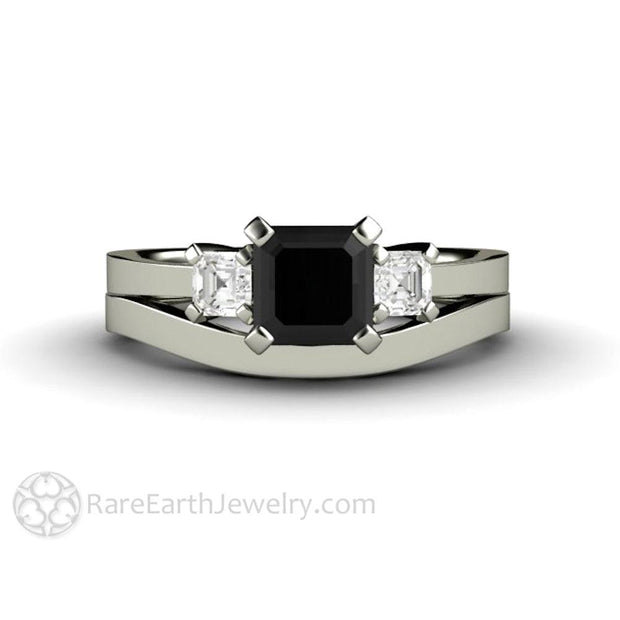 Asscher Cut Black Diamond Engagement Ring Three Stone 14K White Gold - Wedding Set with Plain Band - Rare Earth Jewelry